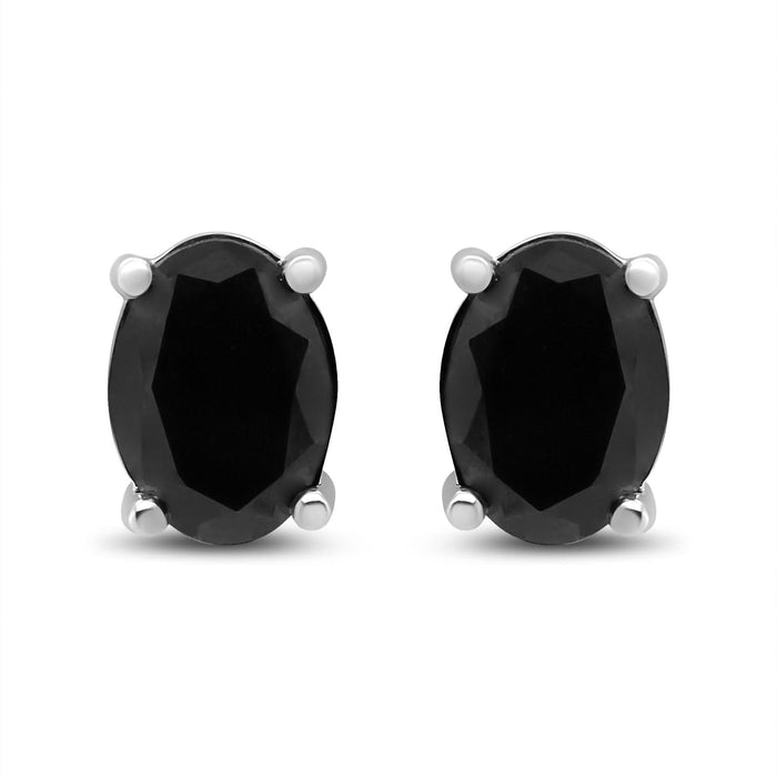 .925 Sterling Silver Prong Set Treated Black Oval Diamond Stud Earring (Black Color, I2-I3 Clarity)