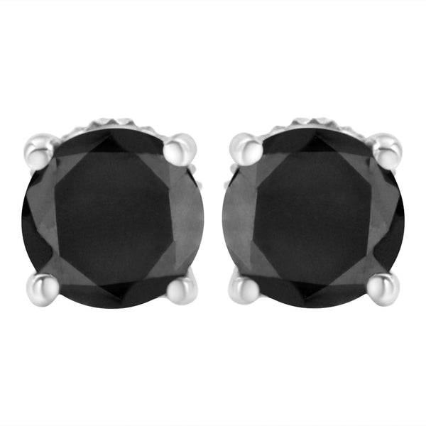 .925 Sterling Silver Round Brilliant-Cut Black Diamond Classic 4-Prong Stud Earrings with Screw Backs (Fancy Color-Enhanced, I2-I3 Clarity)