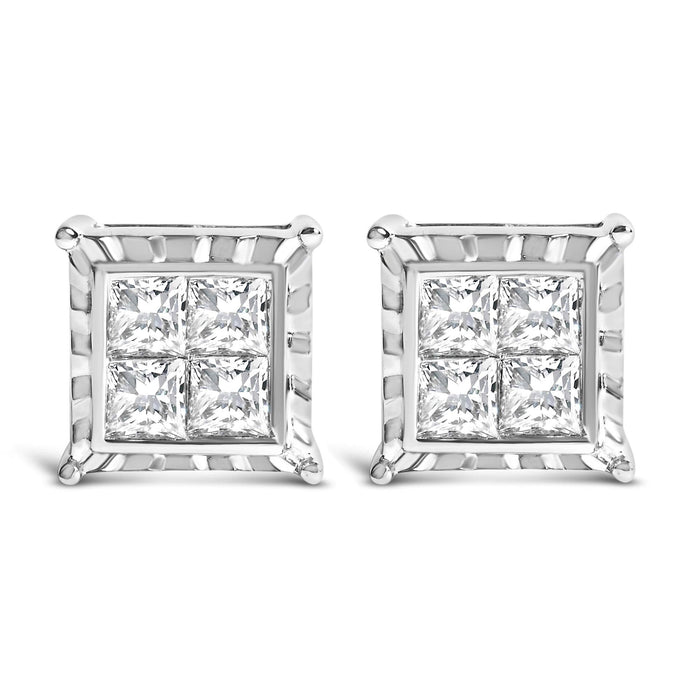 14K White Gold 2.00 Cttw Invisible Set Princess-Cut Lab Grown Diamond Wavy Quad Stud Earrings