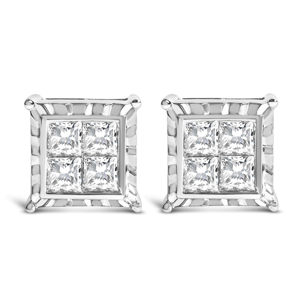 14K White Gold 2.00 Cttw Invisible Set Princess-Cut Lab Grown Diamond Wavy Quad Stud Earrings-0