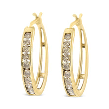 14K Yellow Gold Plated .925 Sterling Silver 1.0 Cttw Channel Set Champagne Diamond Hoop Earrings with Snap Post (K-L Color, I1-I2 Clarity)-0