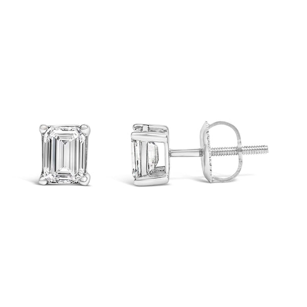 14K White Gold Emerald Cut Lab-Grown Diamond Solitaire Stud Earrings (F-G Color, VS1-VS2 Clarity)