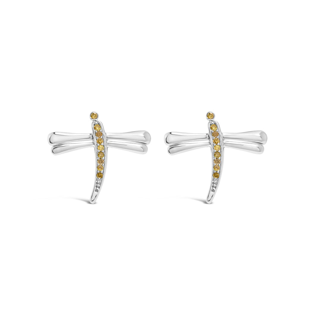 .925 Sterling Silver Yellow Diamond Accent Dragonfly Stud Earrings (Yellow Color, I2-I3 Clarity)-0