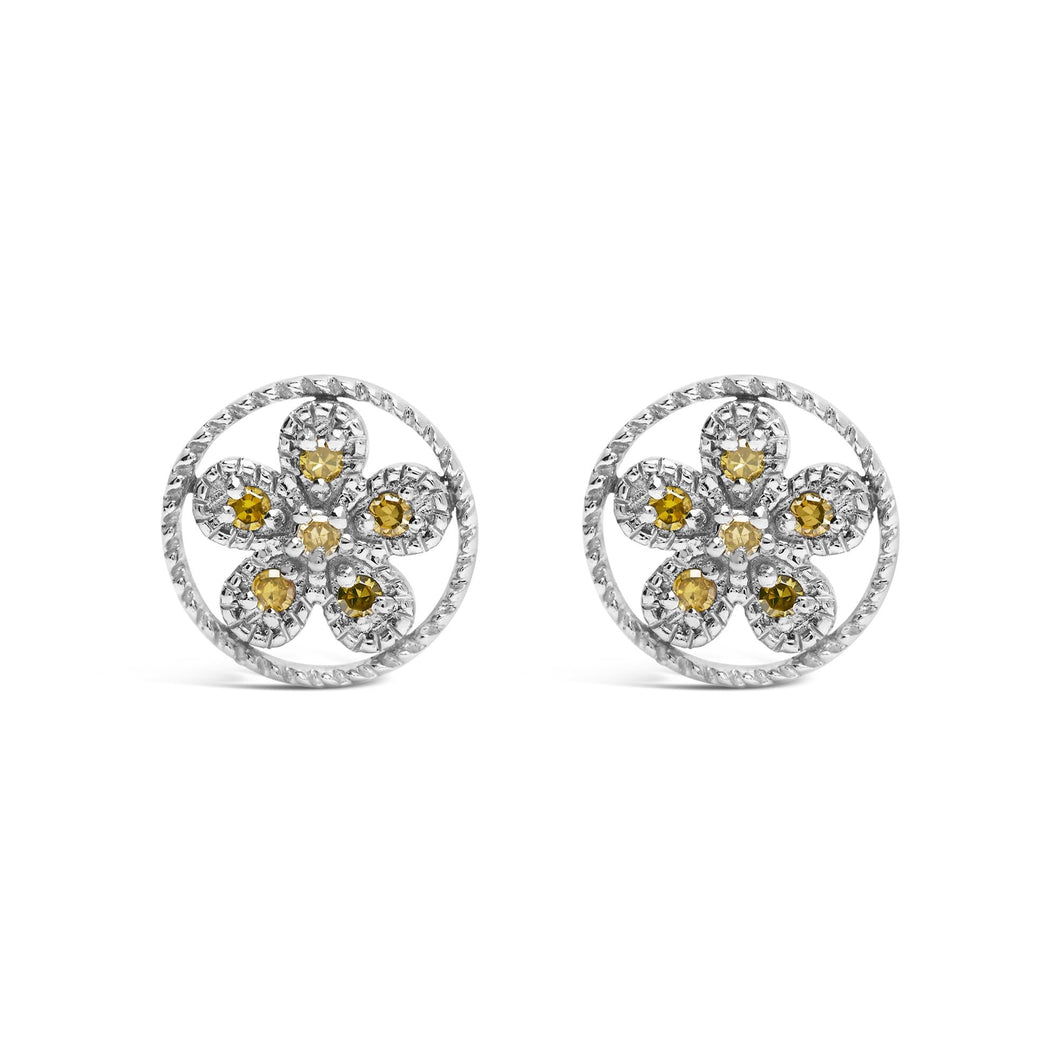.925 Sterling Silver Yellow Diamond Accent Star and Wheel Milgrain Style Stud Earrings (Yellow Color, I2-I3 Clarity)-0