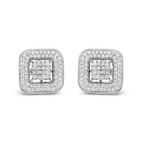 10K White Gold 1.0 Cttw Round and Princess Cut Diamond Composite Open Halo Stud Earrings (H-I Color, SI1-SI2 Clarity)