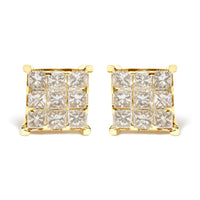 14K Yellow Gold 1 1/2 Cttw Invisible Set Princess-Cut Diamond 9 Stone Square Stud Earrings (J-K Color, SI2-I1 Clarity)