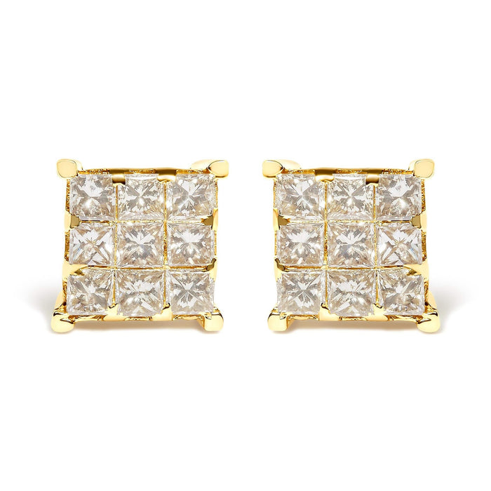 14K Yellow Gold 1 1/2 Cttw Invisible Set Princess-Cut Diamond 9 Stone Square Stud Earrings (J-K Color, SI2-I1 Clarity)