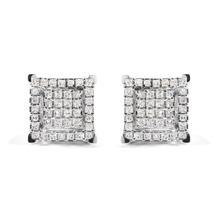 10K White Gold 1 1/4 Cttw Princess Diamond Composite Double Square and Halo Stud Earrings (I-J Color, I1-I2 Clarity)