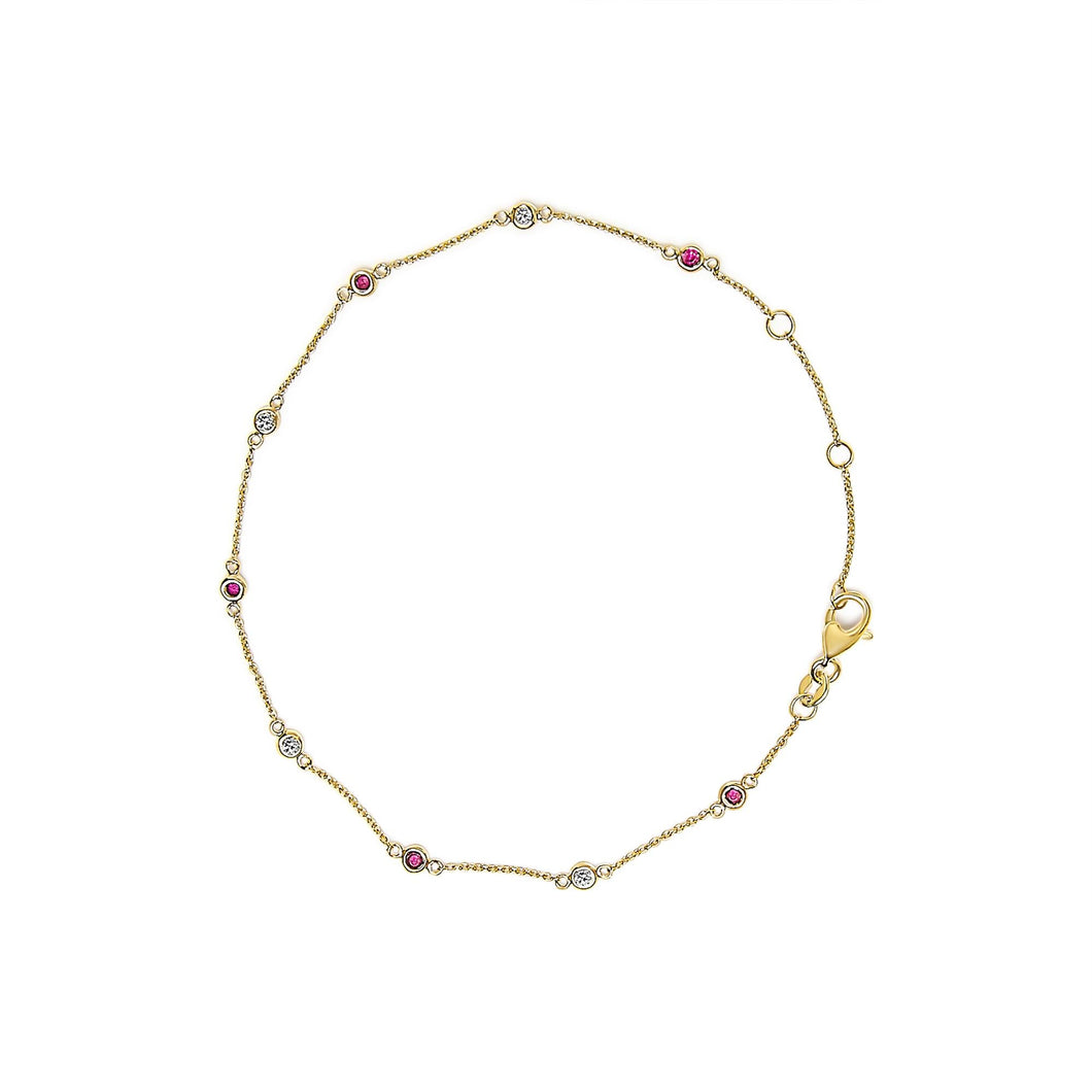14K Yellow Gold Alternating Red Ruby and White Diamond Bezel Station Chain Bracelet (I-J Color, SI2-I1 Clarity) - 8