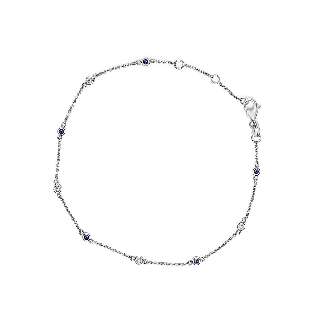 14K White Gold Alternating Blue Sapphire and White Diamond Bezel Station Chain Bracelet (I-J Color, SI2-I1 Clarity) - 8