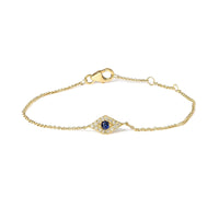 10K Yellow Gold Blue Sapphire and Diamond Accent Evil Eye Station Link Bracelet  (H-I Color, I1-I2 Clarity) - Size 7