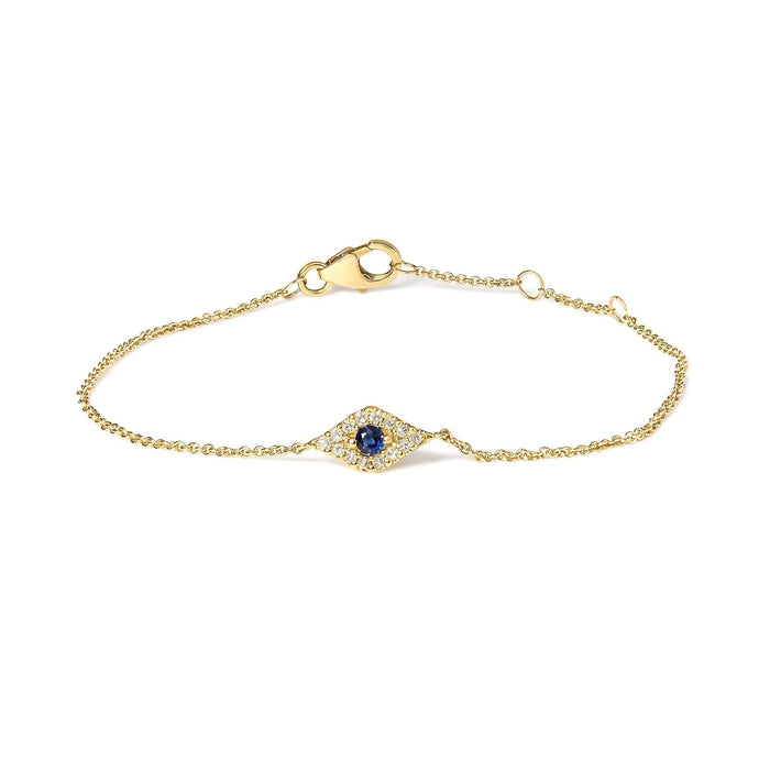 10K Yellow Gold Blue Sapphire and Diamond Accent Evil Eye Station Link Bracelet  (H-I Color, I1-I2 Clarity) - Size 7