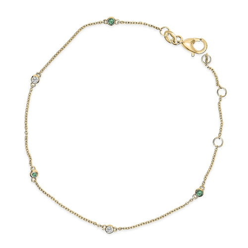 14K Yellow Gold Alternating Green Emerald and Diamond Bezel Station Chain Bracelet - Size 7.5 inch-0