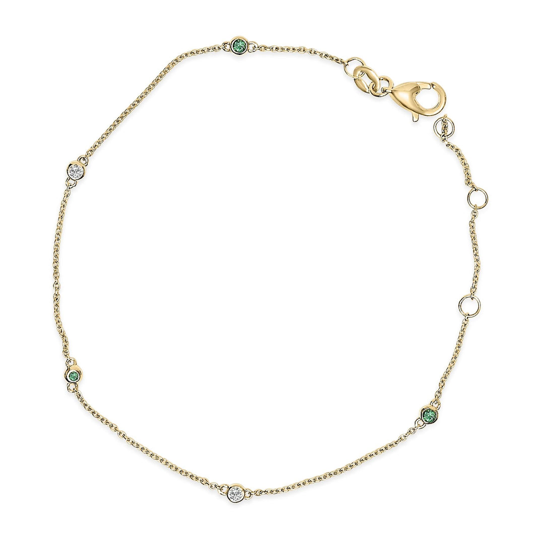 14K Yellow Gold Alternating Green Emerald and Diamond Bezel Station Chain Bracelet - Size 7.5 inch-0