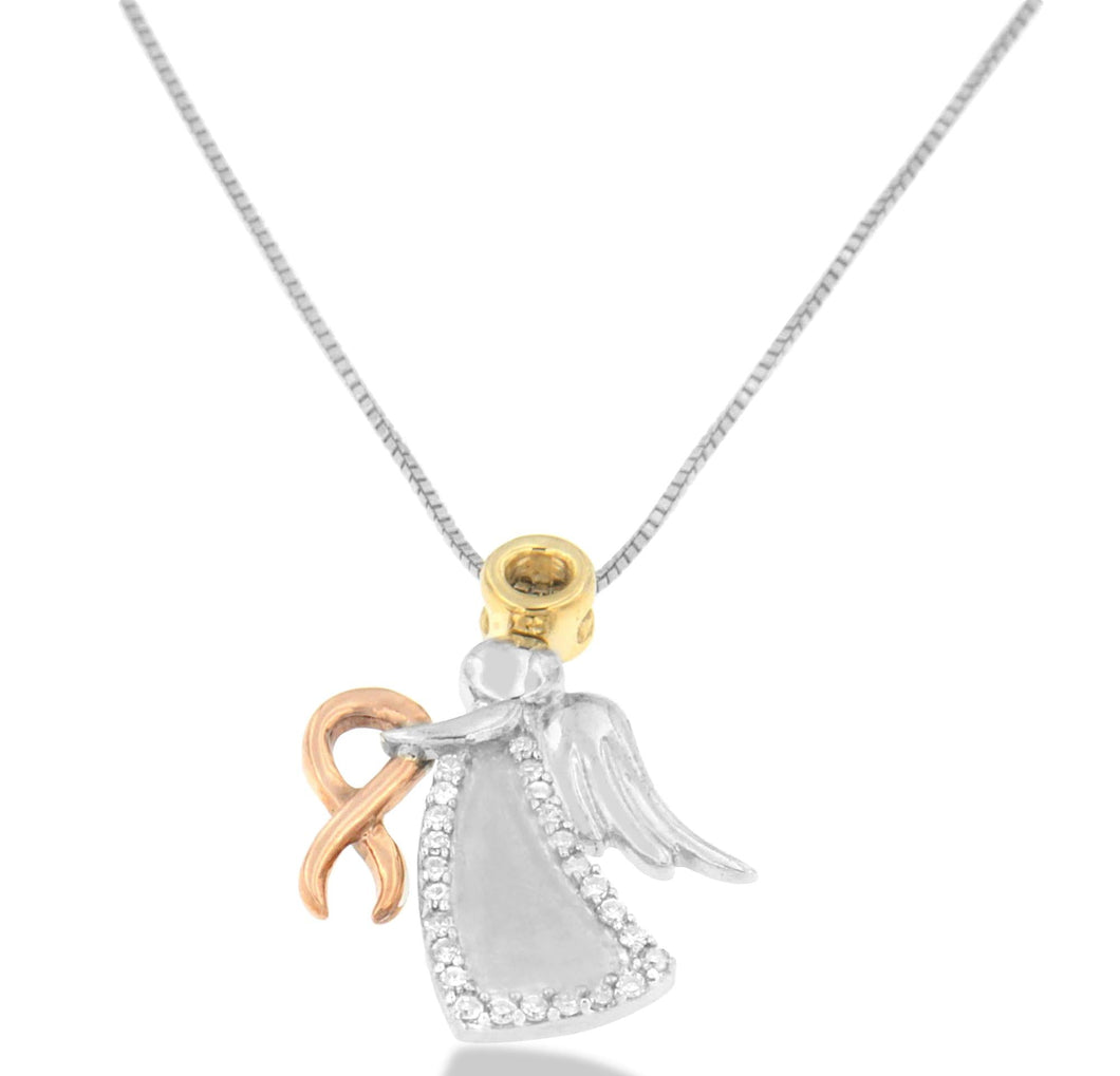 10K Tri-Color Gold Diamond-Accented Angel Awareness Ribbon Pendant Necklace (H-I Color, I1-I2 Clarity)-0