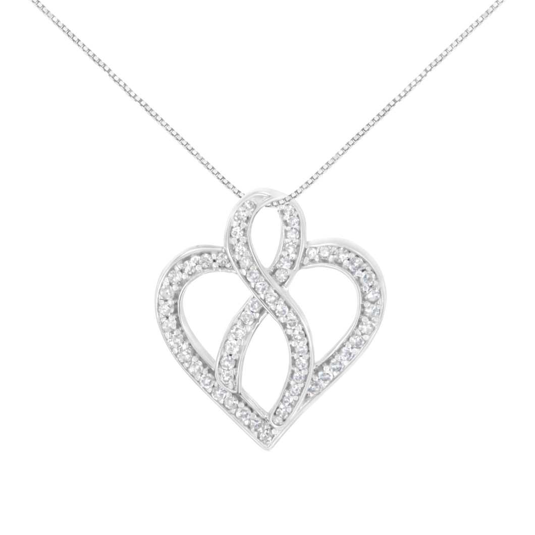 14K White Gold 1/4 cttw Round Cut Diamond Heart and Ribbon Center Pendant Necklace (H-I, I1-I2)-0