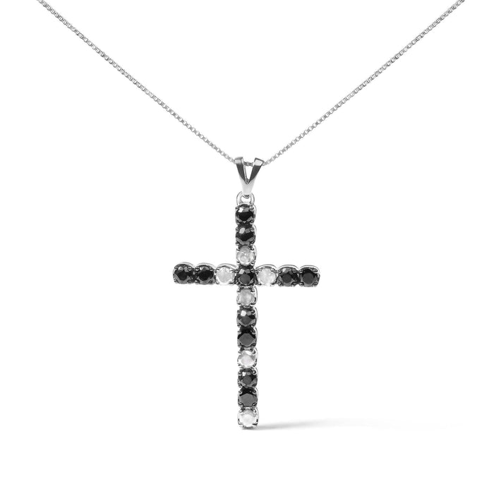 .925 Sterling Silver 2.0 Cttw Prong Set Round Natural Treated Black and White Diamond Cross Pendant Necklace - 18