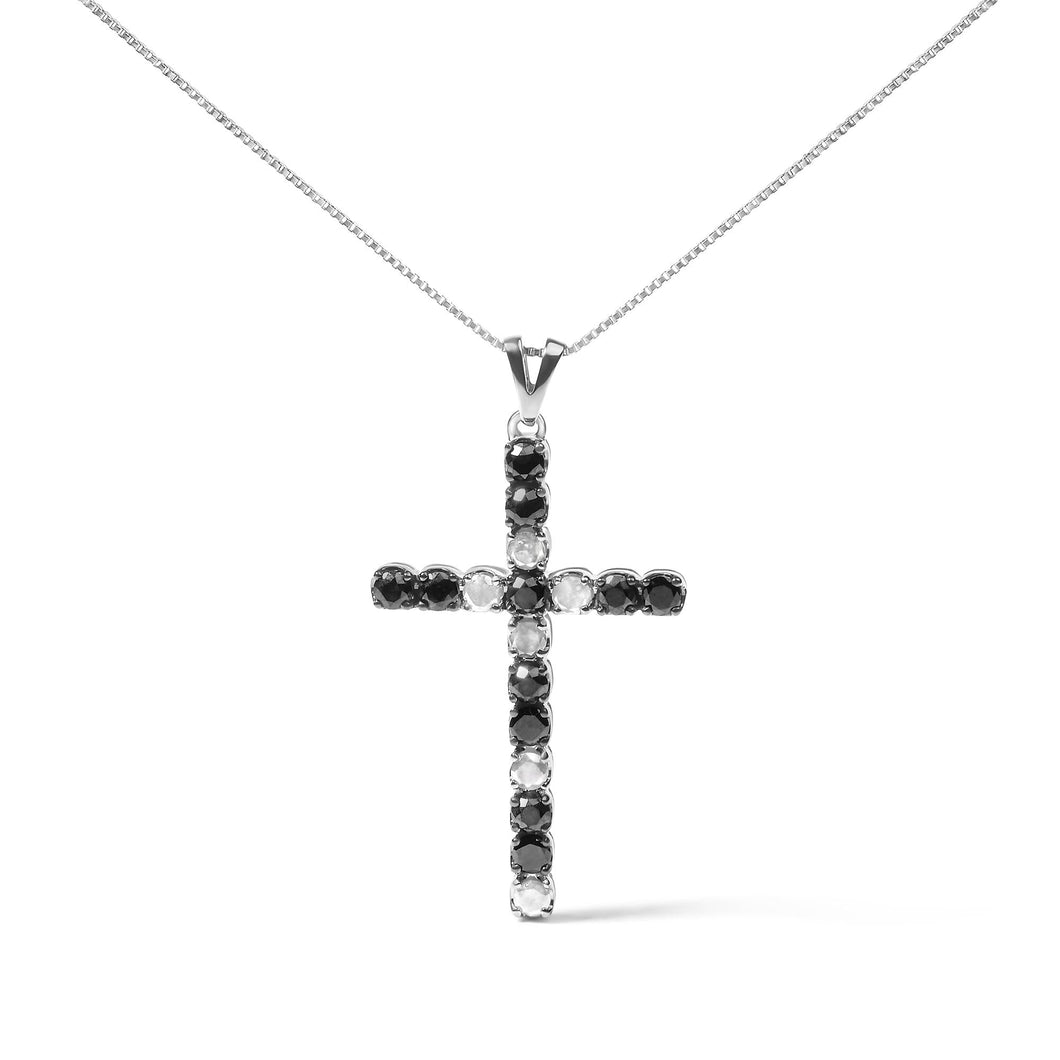 .925 Sterling Silver 2.0 Cttw Prong Set Round Natural Treated Black and White Diamond Cross Pendant Necklace - 18