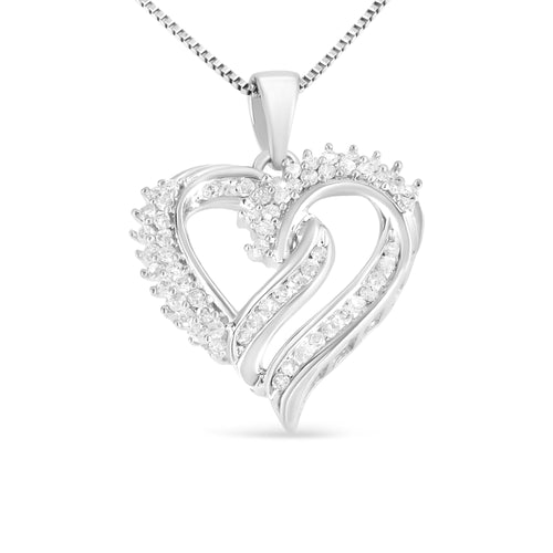 .925 Sterling Silver 1/2 Cttw Diamond Double Row Openwork Heart Pendant 18