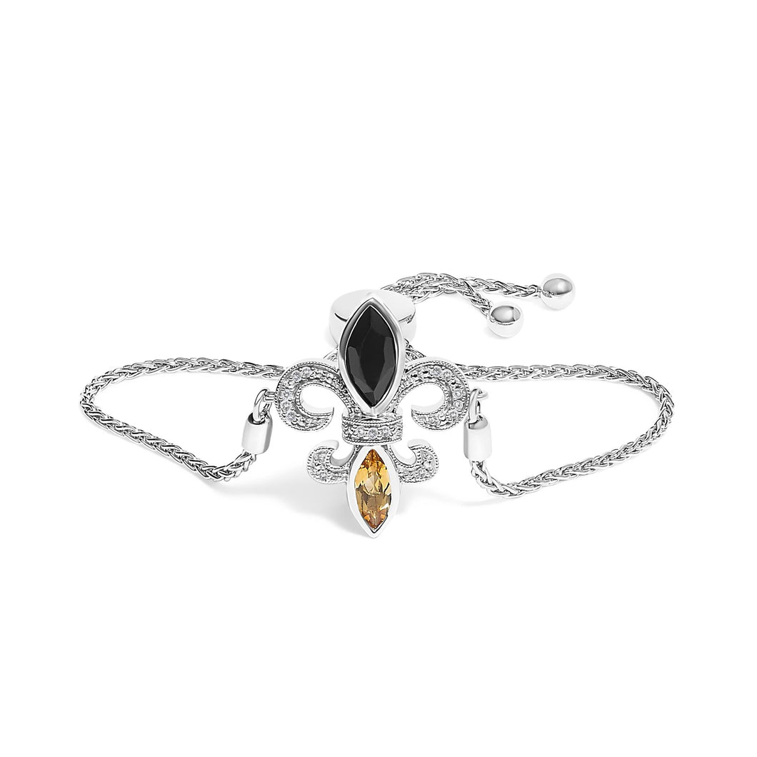 .925 Sterling Silver Marquise Black Onyx, Orange Citrine, and Diamond Accent Lariat 4”-10” Fleur De Lis Adjustable Bolo Bracelet (I-J Color, I1-I2 Clarity) - 7