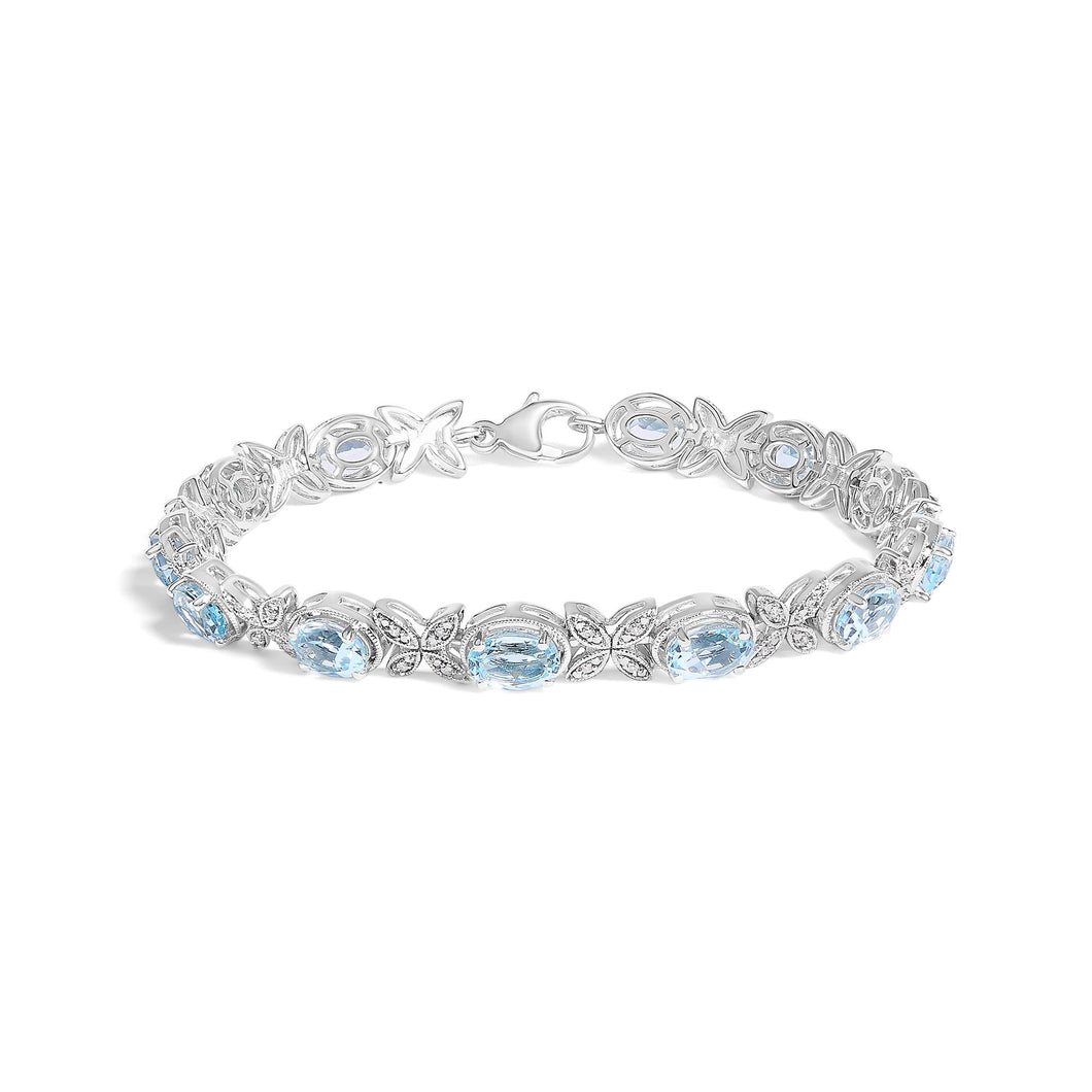 .925 Sterling Silver Oval Blue Topaz Diamond Butterfly Link Bracelet (I-J Color, I1-I2 Clarity) - Size 7