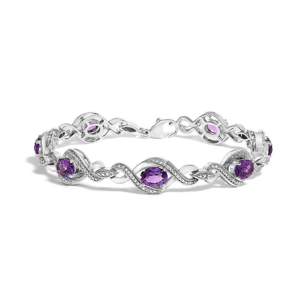 .925 Sterling Silver 1/10 Cttw Natural Round Diamond and 7X5MM Oval Amethyst Cross Tennis Bracelet (I-J Color, I1-I2 Clarity) - 7