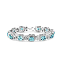 .925 Sterling Silver 7x7 mm Cushion Cut Blue Topaz and 1/10 Ctw Single Cut Diamond Square Shape Tennis Bracelet (I-J Color, I1-I2 Clarity) - 7"-0