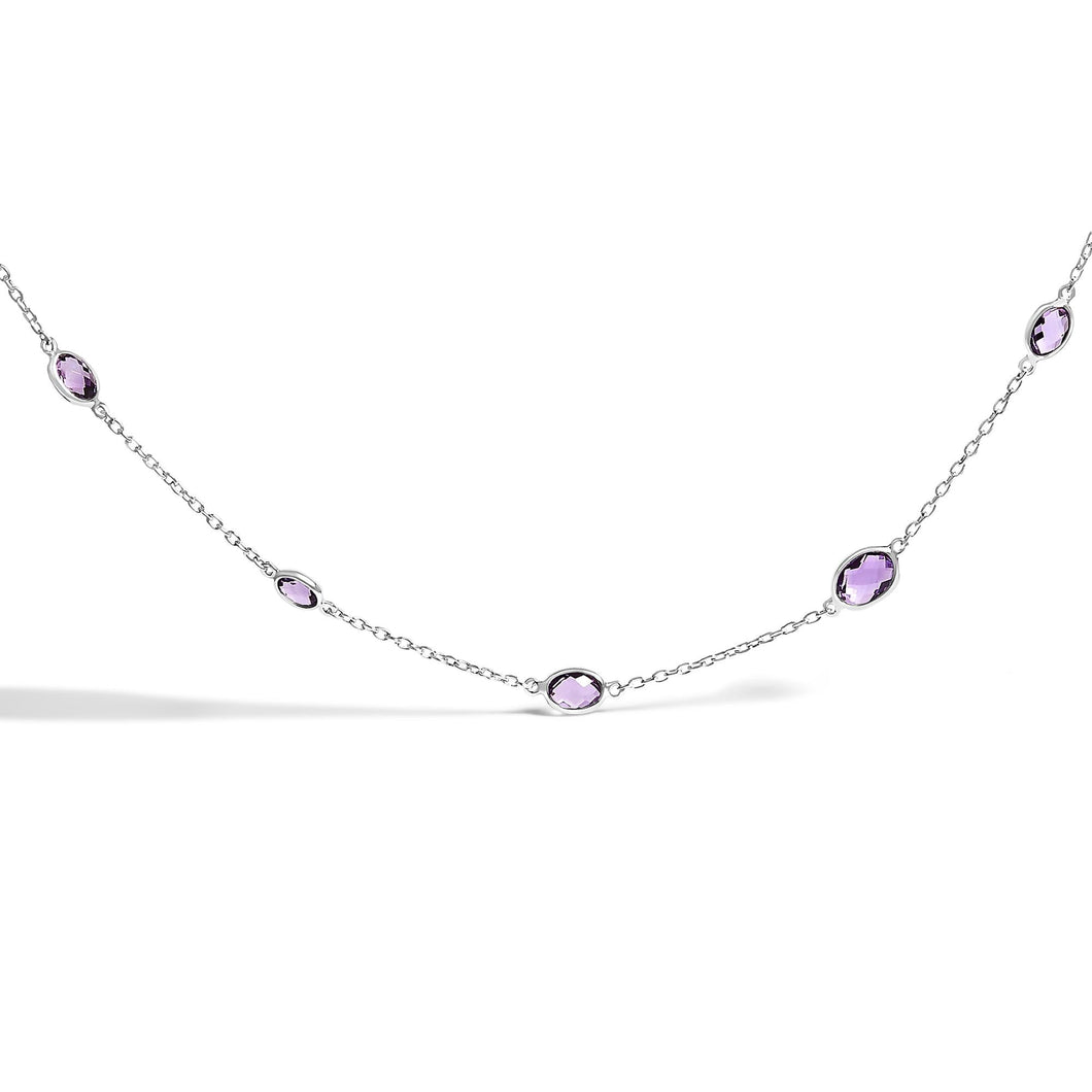 .925 Sterling Silver Checkerboard Cut Purple Amethyst Bezel Station Necklace - 22