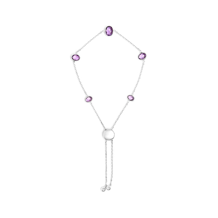 .925 Sterling Silver Bezel Set Purple Amethyst 5 Station Adjustable Bolo Bracelet