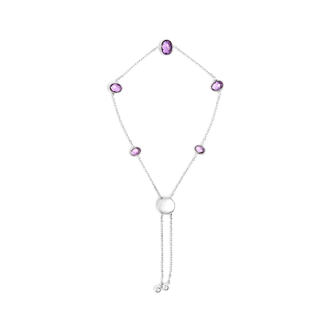 .925 Sterling Silver Bezel Set Purple Amethyst 5 Station Adjustable Bolo Bracelet-0