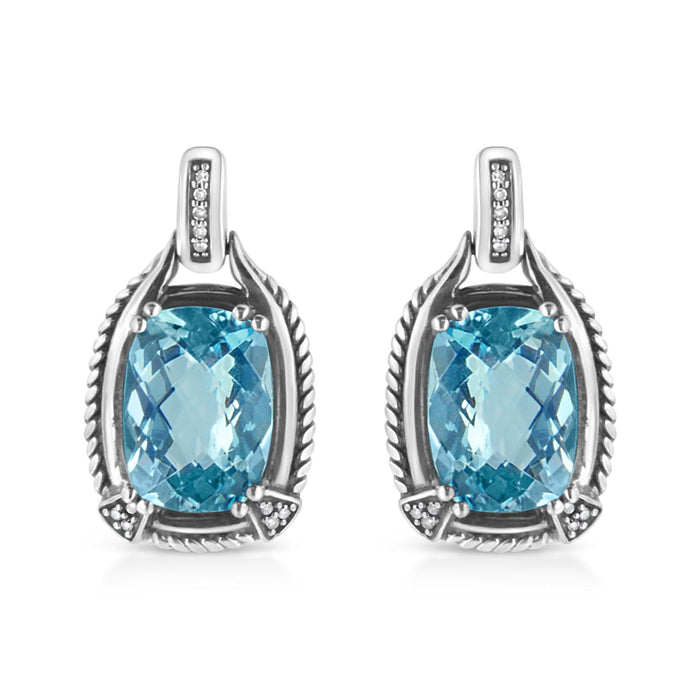 .925 Sterling Silver 14x10MM Cushion Cut Blue Topaz Gemstone and Diamond Accent Dangle Earring (I-J Color, I1-I2 Clarity)