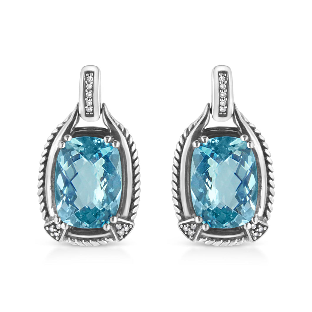 .925 Sterling Silver 14x10MM Cushion Cut Blue Topaz Gemstone and Diamond Accent Dangle Earring (I-J Color, I1-I2 Clarity)-0