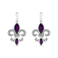 .925 Sterling Silver Marquise Cut Amethyst and Diamond Accent Fleur De Lis Dangle Stud Earrings (H-I Color, SI1-SI2 Clarity)