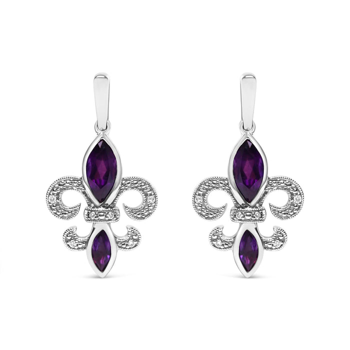 .925 Sterling Silver Marquise Cut Amethyst and Diamond Accent Fleur De Lis Dangle Stud Earrings (H-I Color, SI1-SI2 Clarity)