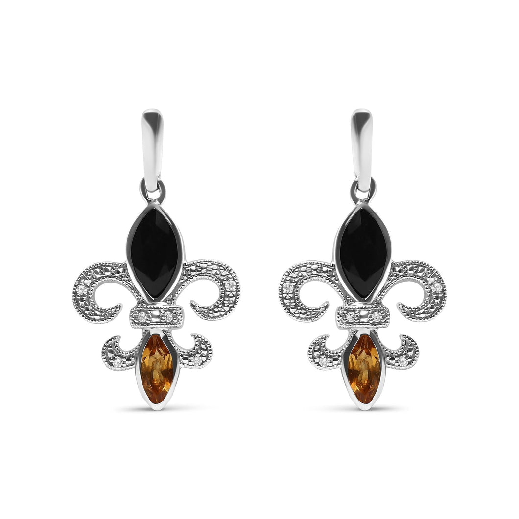 .925 Sterling Silver Marquise Cut Onyx and Citrine with Diamond Accent Fleur De Lis Drop Stud Earrings (H-I Color, SI1-SI2 Clarity)-0