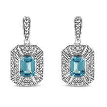.925 Sterling Silver 7x5MM Emerald Shape Blue Topaz and Diamond Accent Art Deco Halo Style Drop and Dangle Earrings (I-J Color, I1-I2 Clarity)-0