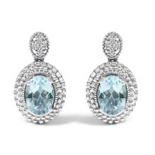 .925 Sterling Silver Diamond Accent and  Oval Blue Topaz with Beaded Halo Drop Stud Earrings (I-J color, I1-I2 Clarity)-0