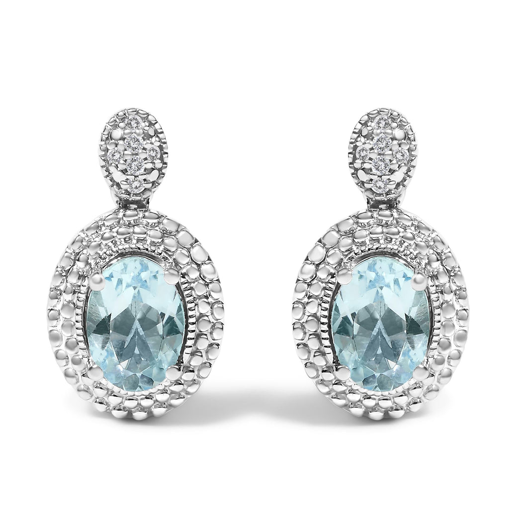 .925 Sterling Silver Diamond Accent and  Oval Blue Topaz with Beaded Halo Drop Stud Earrings (I-J color, I1-I2 Clarity)-0