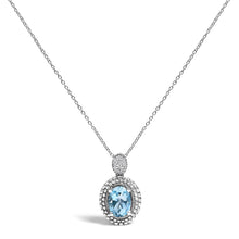 .925 Sterling Silver Oval Blue Topaz and Diamond Accent with Beaded Halo Pendant Necklace - 18" Inches-0