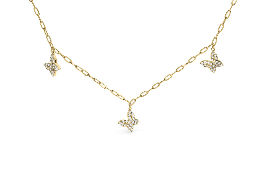 14KT Yellow Gold 1/2 Cttw Diamond Butterfly Station Paperclip Station Necklace (I-J Color, I1-I2 Clarity) - Adjustable 15