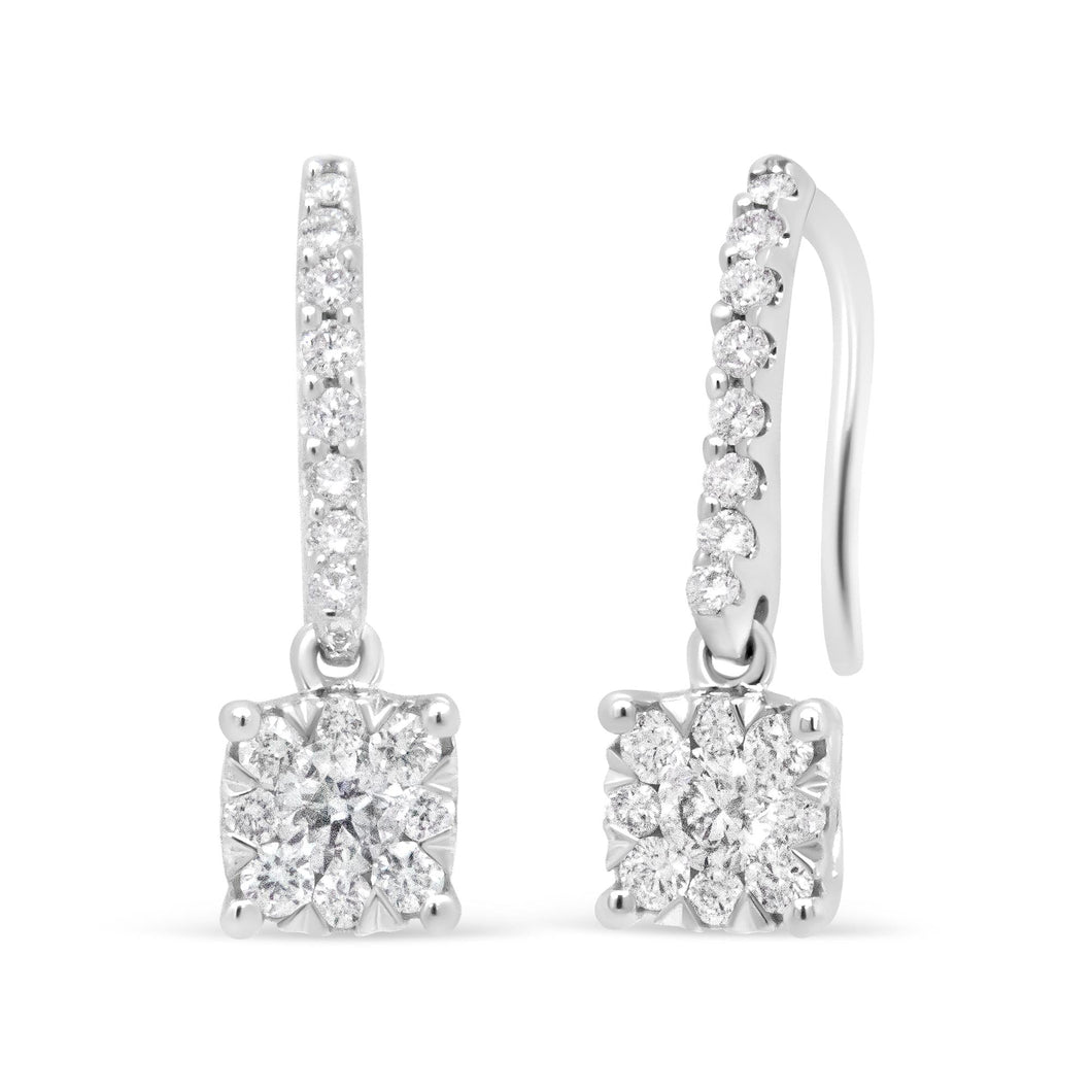 14K White 1/2 Cttw Round Diamond Halo Dangle Hook Earring - (H-I Color, SI2-I1 Clarity)-0