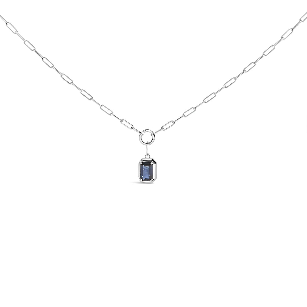 10K White Gold Emerald Cut 6x4 MM Blue Sapphire Solitaire Pendant Necklace - 18 inch-0