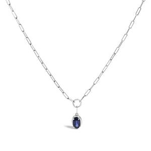 10K White Gold 6x4 mm Oval Blue Sapphire Solitaire Paperclip Pendant Necklace - 18