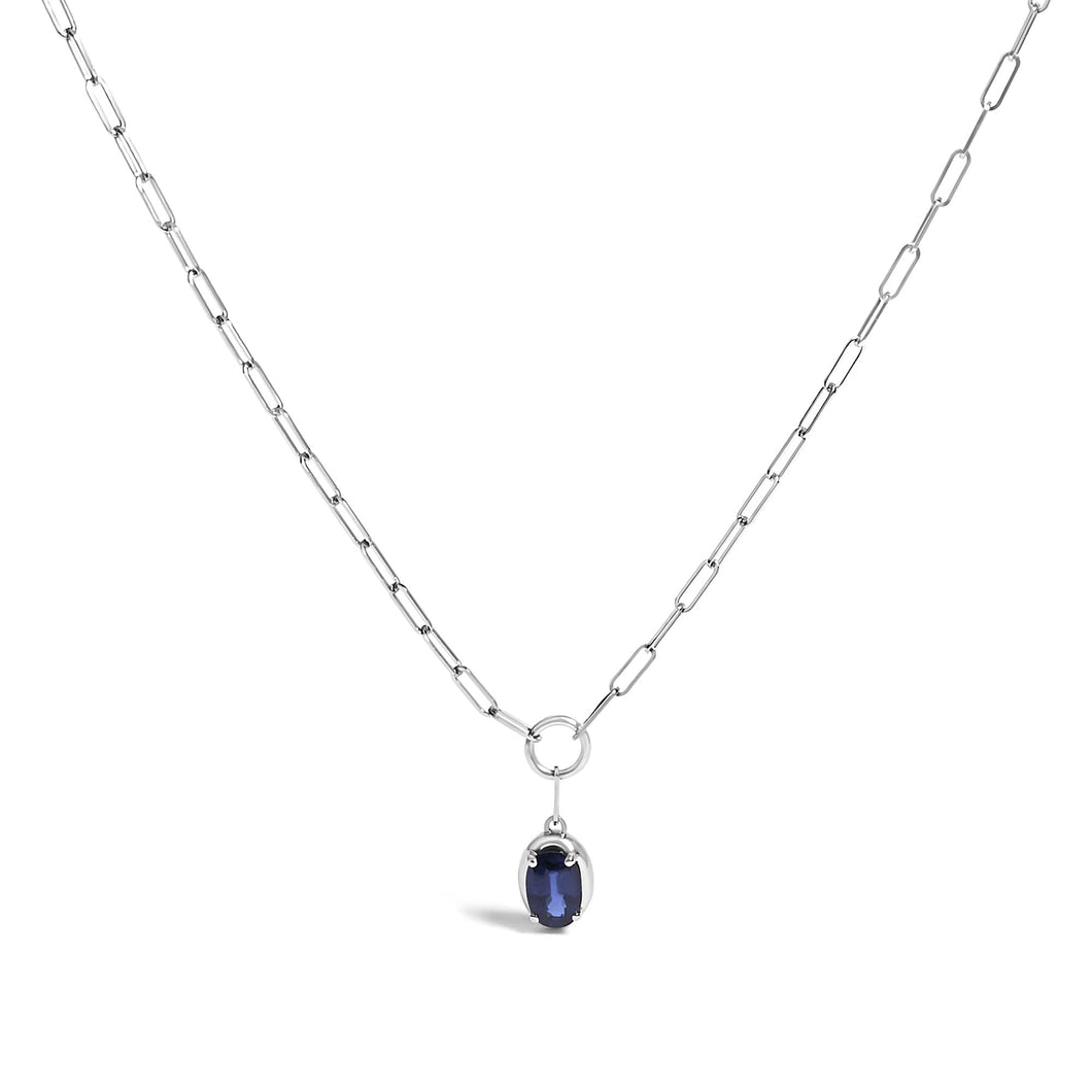 10K White Gold 6x4 mm Oval Blue Sapphire Solitaire Paperclip Pendant Necklace - 18