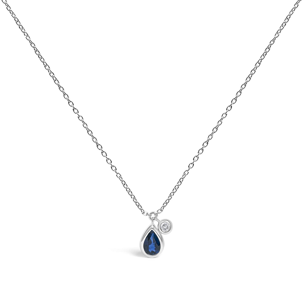 14K White Gold 6x4mm Pear Blue Sapphire and Diamond Accent Charm Pendant Necklace - 18