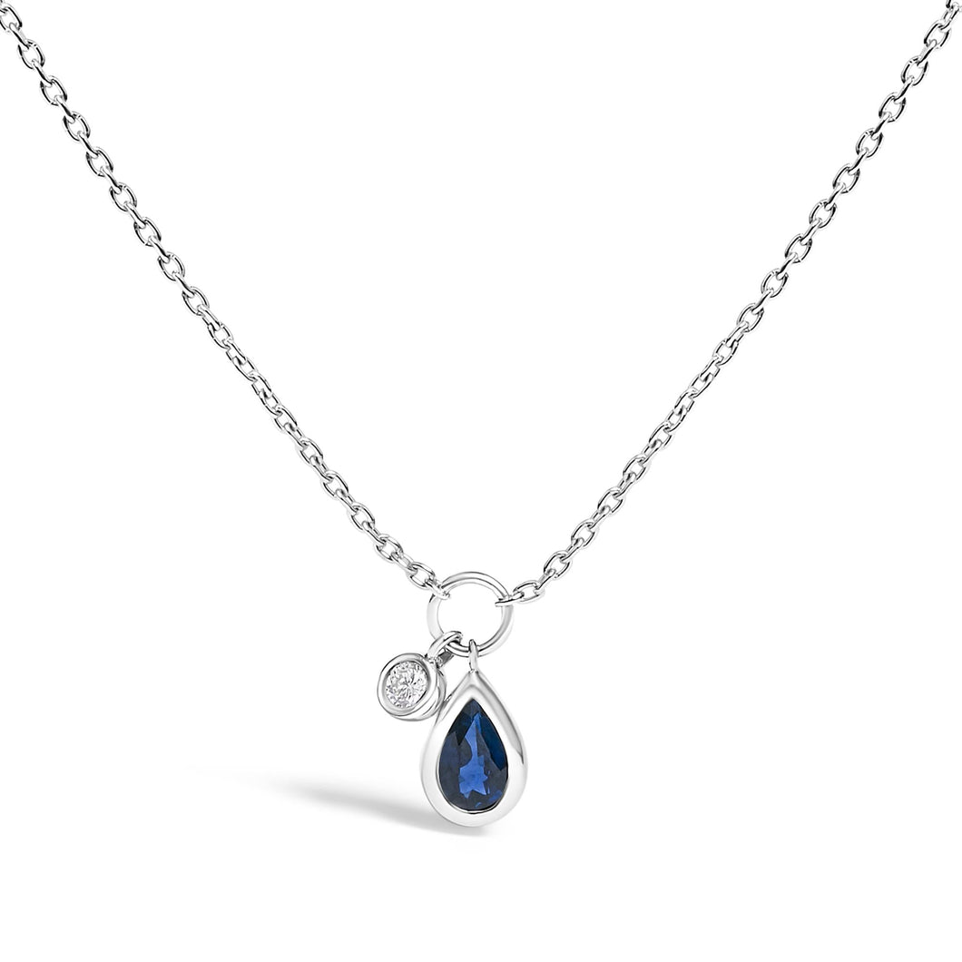 10K White Gold 6x4 mm Pear Blue Sapphire and Diamond  Accent Charm Pendant Necklace - 18