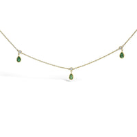 10K Yellow Gold Dangling 5x3 mm Green Emerald and Diamond Station Necklace - 18