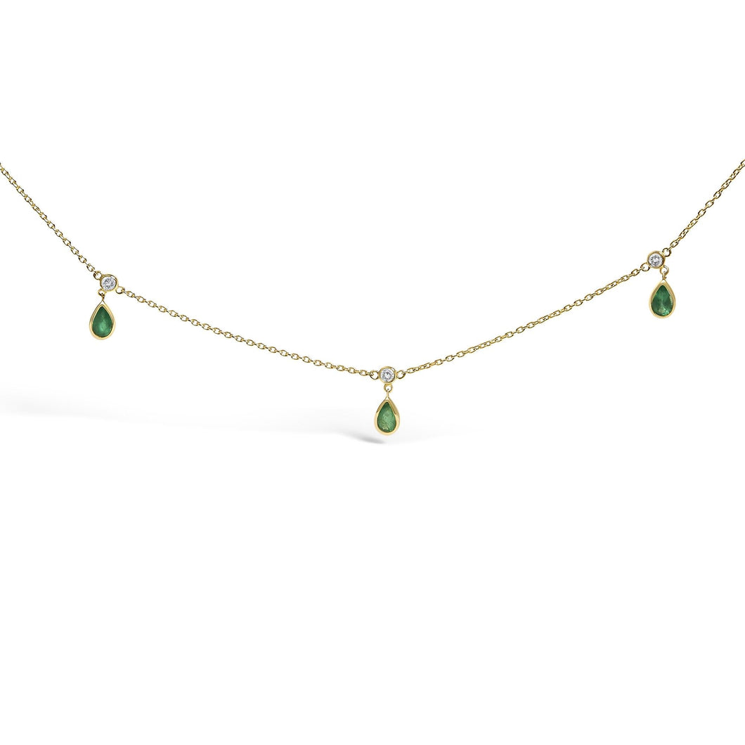 10K Yellow Gold Dangling 5x3 mm Green Emerald and Diamond Station Necklace - 18