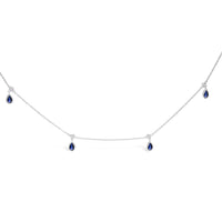 10K White Gold Dangling 5x3 mm Pear Blue Sapphire and Diamond Station Necklace - 18