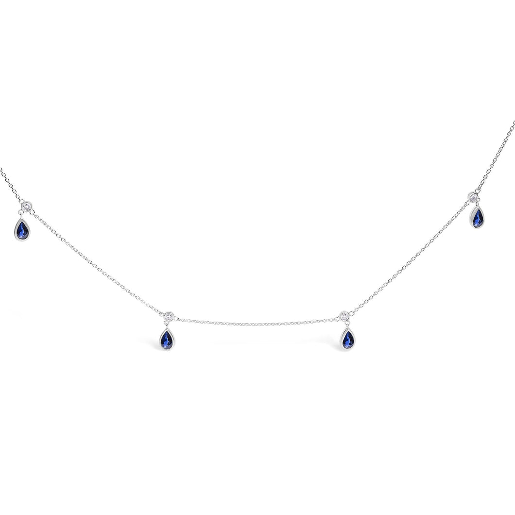 10K White Gold Dangling 5x3 mm Pear Blue Sapphire and Diamond Station Necklace - 18